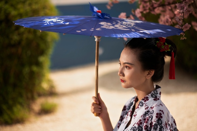 Femme avec kimono et parapluie wagasa