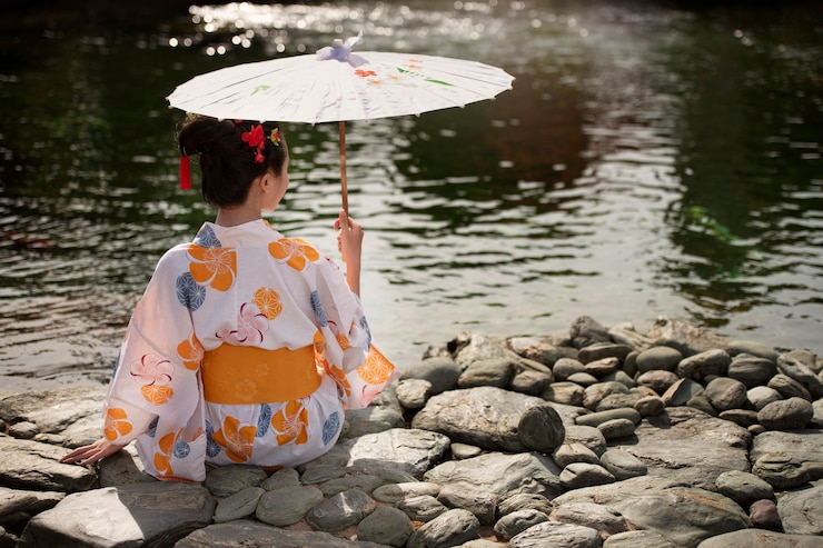 Photo gratuit une femme avec un kimono et un parapluie wagasa