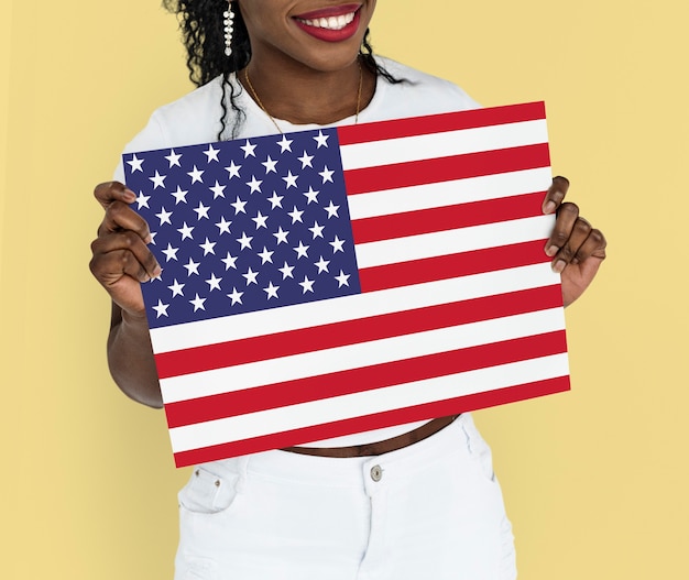 Femme Mains Tenir Drapeau Américain Patriotisme