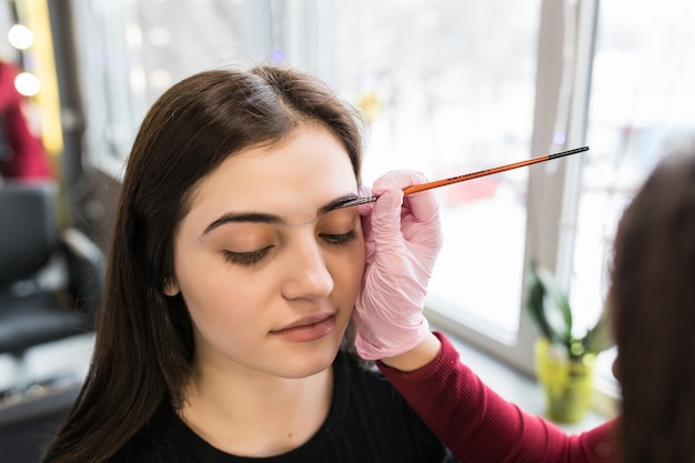Femme maître a mis de la peinture à sourcils dans un salon de beauté pendant la procédure de maquillage