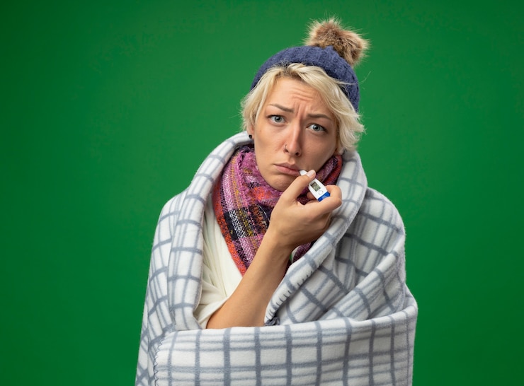 Photo gratuit femme malsaine malade aux cheveux courts dans une écharpe chaude et un chapeau se sentant mal enveloppé dans une couverture avec un thermomètre dans sa bouche debout sur fond vert