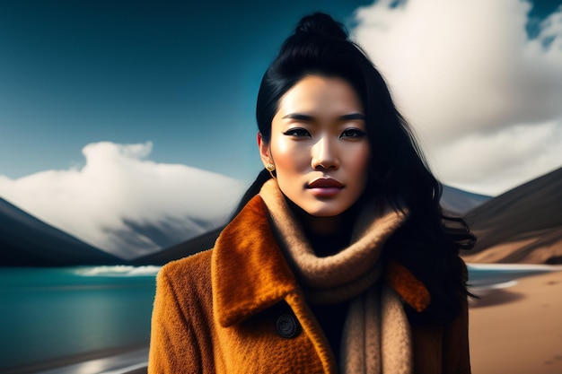 Une femme en manteau de fourrure se tient devant une montagne.