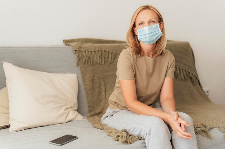 Photo gratuit femme avec masque médical à la maison pendant la quarantaine