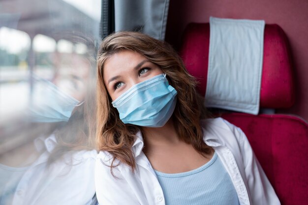 Femme avec masque médical voyageant en train public