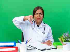 Photo gratuite femme médecin d'âge moyen en blouse blanche avec stéthoscope regardant l'avant mécontent montrant les pouces vers le bas assis à la table sur le mur vert