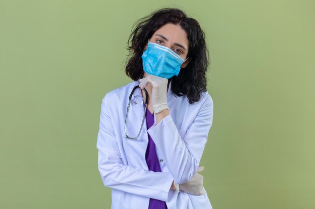 Femme médecin portant blouse blanche avec stéthoscope dans un masque de protection médicale debout avec la main sur le menton à pensif sur vert isolé
