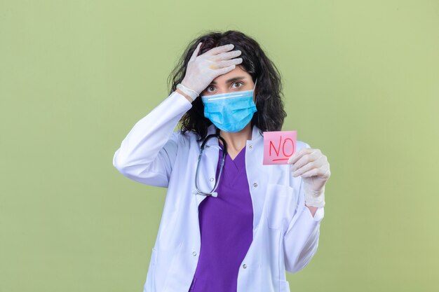 Femme médecin portant une blouse blanche avec stéthoscope dans un masque de protection médicale tenant un papier de rappel sans mot à la surprise de toucher la tête avec la main sur vert isolé