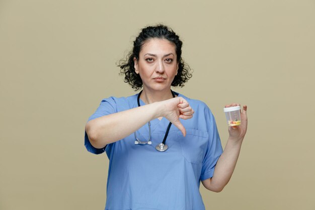 Femme médecin sérieuse d'âge moyen portant un uniforme et un stéthoscope autour du cou montrant un récipient de mesure avec des pilules dedans regardant la caméra montrant le pouce vers le bas isolé sur fond olive