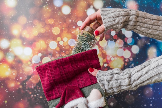 Femme, mettre, petit sapin, dans, chaussette noël