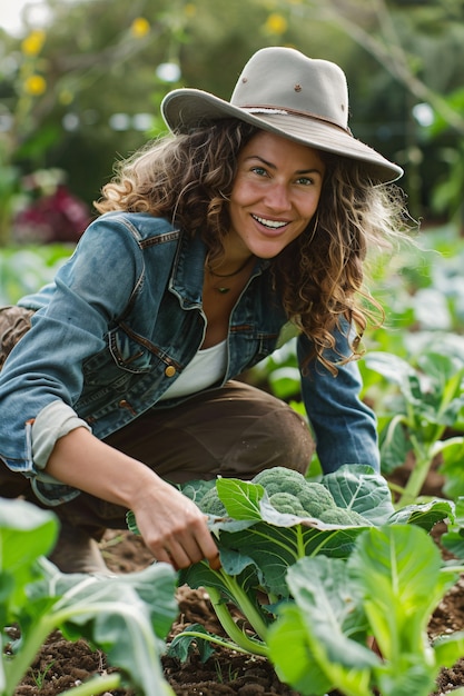 Photo gratuite une femme photoréaliste dans un jardin biologique durable récoltant des produits