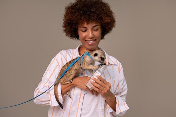 Photo gratuit femme à plan moyen tenant un suricate