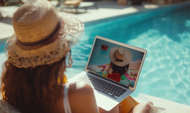 Femme de plan moyen travaillant au bord de la piscine