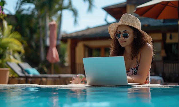 Femme de plan moyen travaillant au bord de la piscine