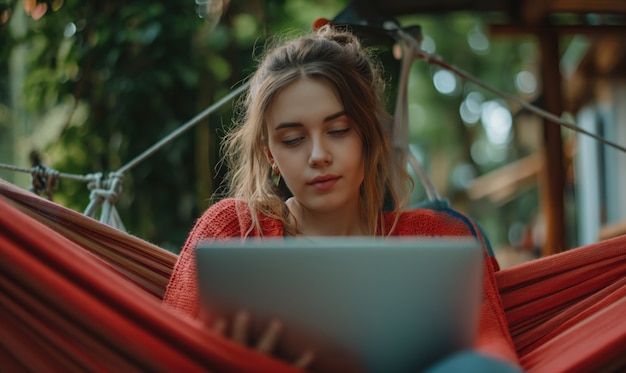 Femme de plan moyen vivant comme nomade numérique