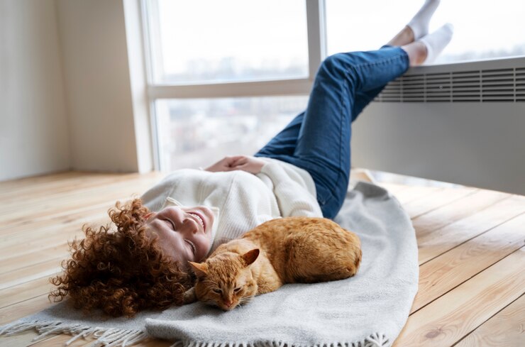 Photo gratuit une femme pleine de photos et un chat allongés sur une couverture