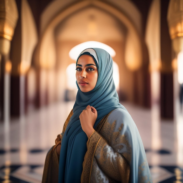 Une femme portant un hijab bleu se tient dans une mosquée.