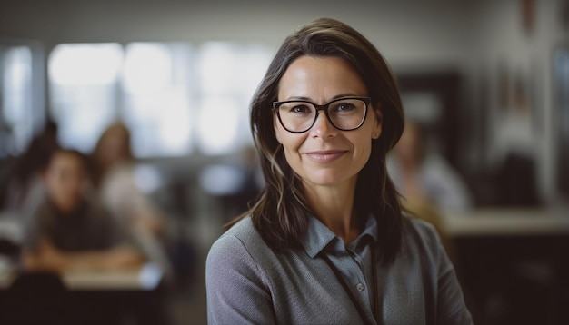 Une femme portant des lunettes se tient dans un bureau occupé avec un arrière-plan flou.