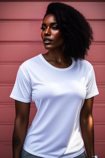 Une femme portant un t-shirt blanc se tient devant une porte de garage.