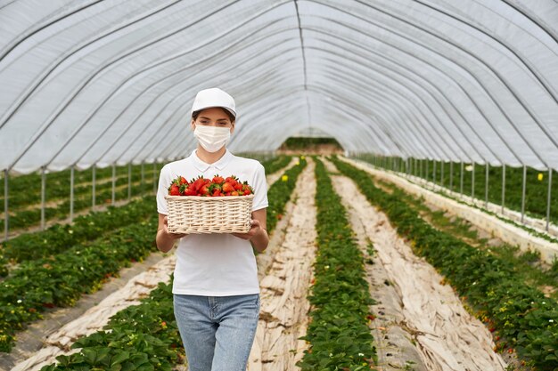 Femme posant à la plantation de fraises avec panier en mains