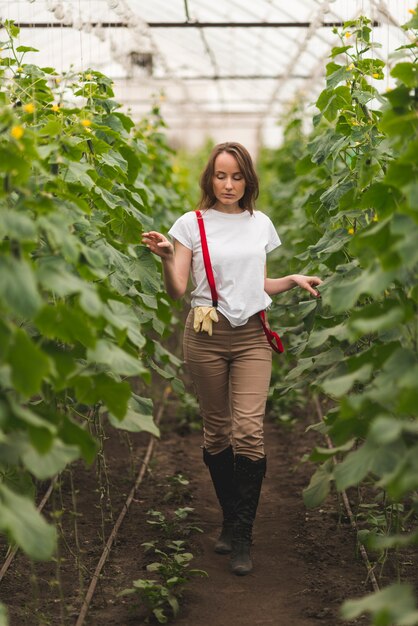 Femme prenant soin de plantes en serre