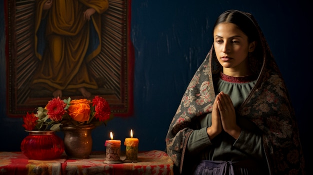 Une femme priant à l'autel mexicain du dia de muertos