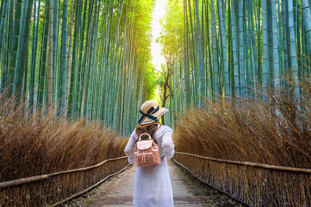 Femme qui marche à la forêt de bambous à Kyoto, au Japon.