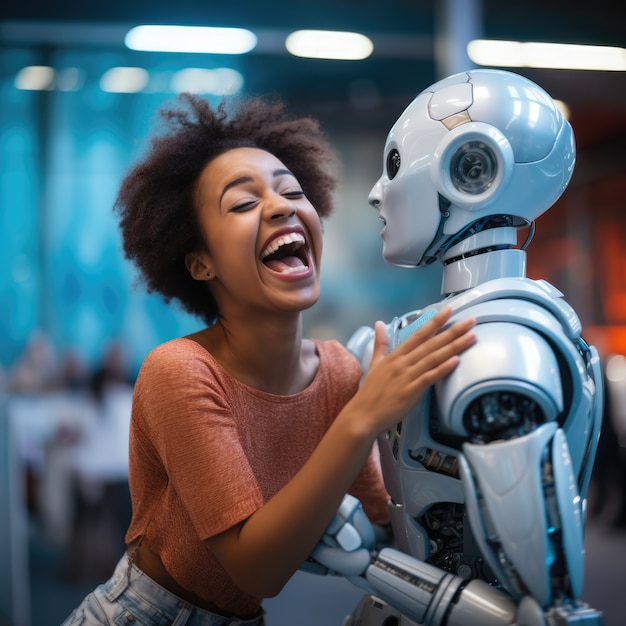 Photo gratuite une femme qui traîne avec un robot.