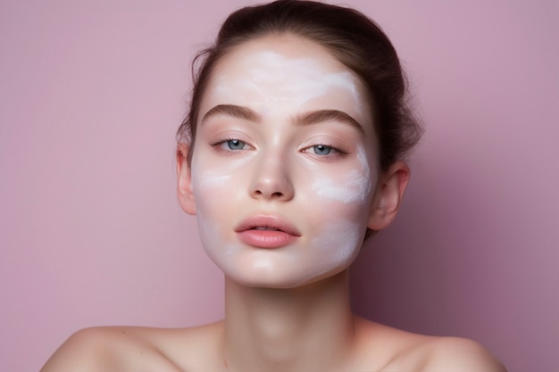 Une femme qui utilise un produit de beauté rose sur son visage