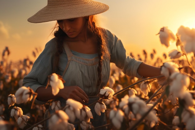 Photo gratuite femme récoltant le coton dans le champ de la plantation d'un agriculteur au coucher du soleil