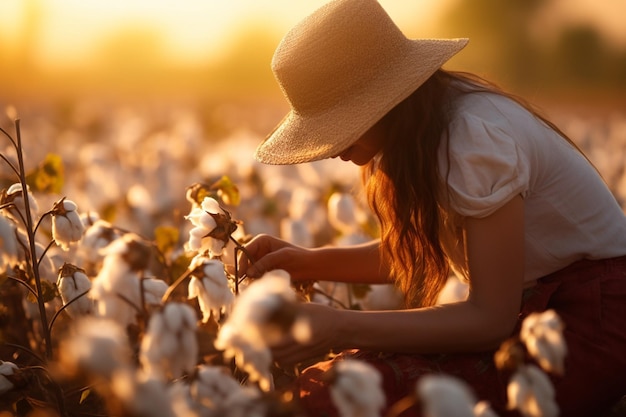 Femme récoltant le coton dans le champ de la plantation d'un agriculteur au coucher du soleil