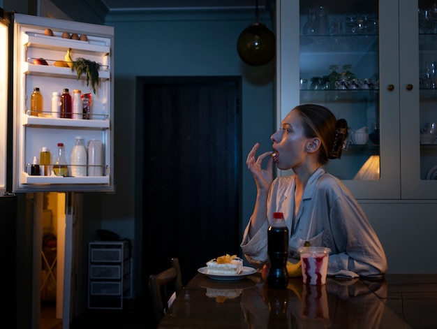 Femme regardant dans le frigo coup moyen