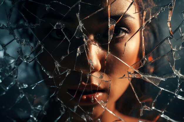 Une femme regardant à travers un verre fissuré des couleurs sombres