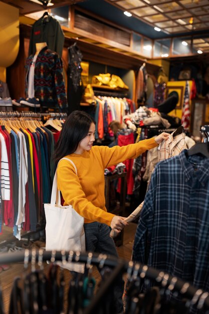 Femme regardant la vue de côté de vêtements