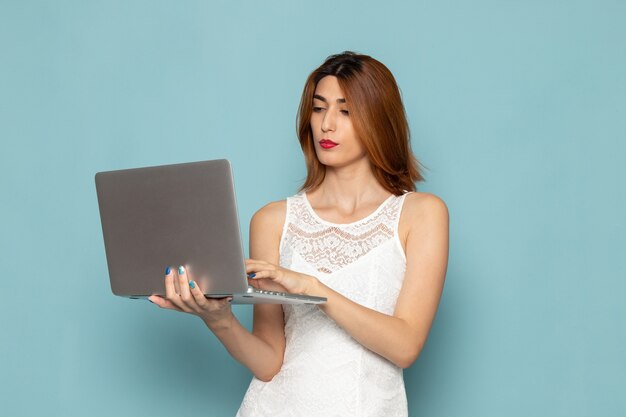 femme en robe blanche utilisant un ordinateur portable