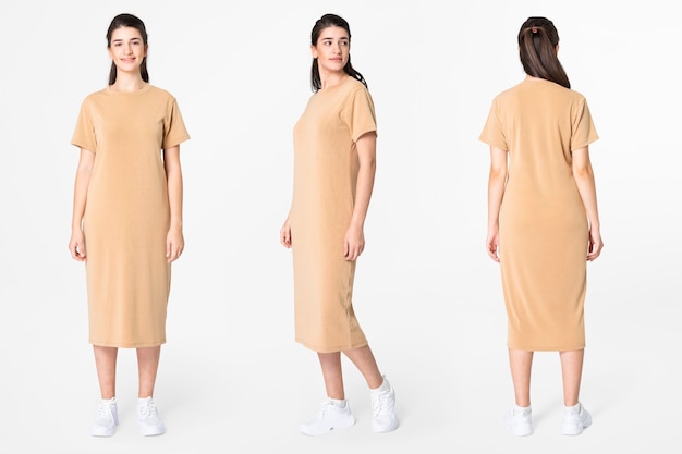 Femme en robe t-shirt beige vêtements décontractés mode corps entier