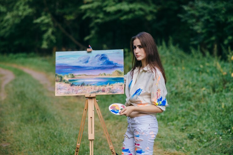 Photo gratuit femme sad avec une toile d&#39;une peinture