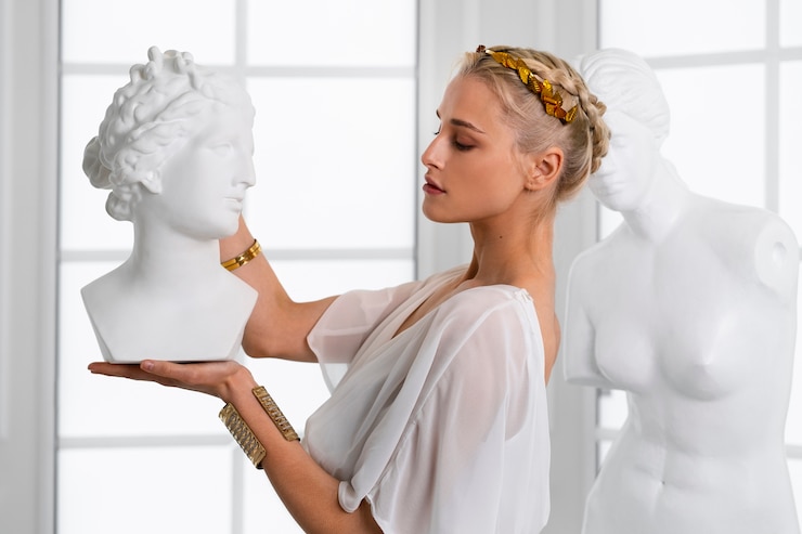 Photo gratuit femme se posant comme une déesse grecque vue latérale