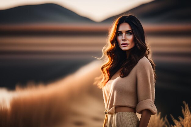 Une femme se tient dans un désert avec le soleil qui brille sur son visage.