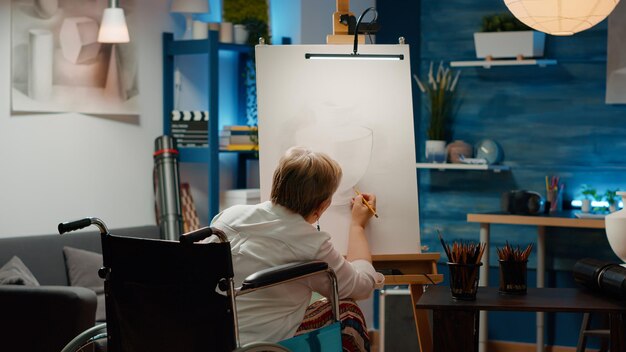 Femme senior avec déficience physique dessinant un vase sur toile pour créer un chef-d'œuvre professionnel. Utilisateur de fauteuil roulant traitant d'un modèle d'illustration d'esquisse de maladie chronique.