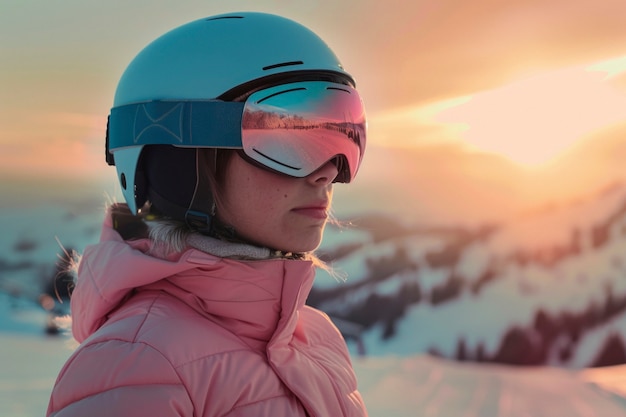 Photo gratuite une femme en snowboard en hiver avec un paysage de rêve et des nuances pastel