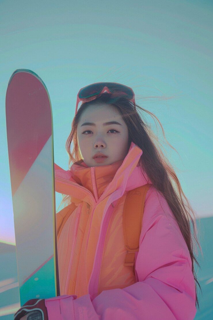 Une femme en snowboard en hiver avec un paysage de rêve et des nuances pastel