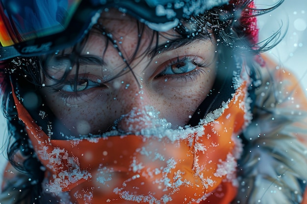 Photo gratuite une femme en snowboard en hiver avec un paysage de rêve et des nuances pastel