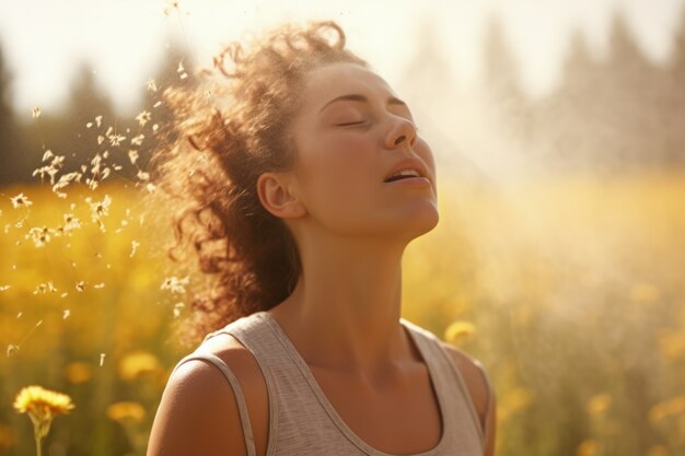 Femme souffrant d'allergie en étant exposée au pollen de fleurs à l'extérieur