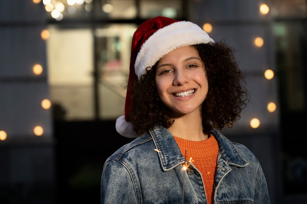 Femme souriante à coup moyen avec bonnet de noel