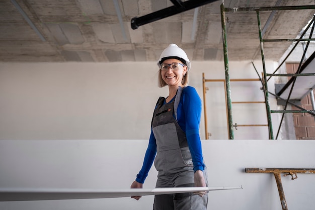 Femme souriante à coup moyen avec un casque portant une pancarte