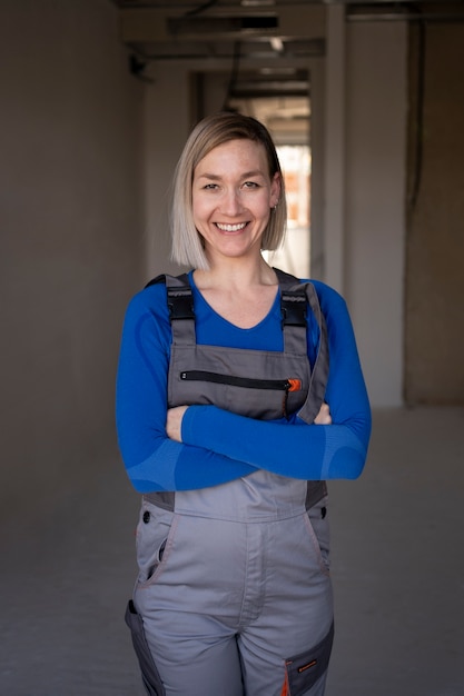 Femme souriante à coup moyen dans la construction