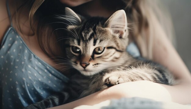 Une femme souriante embrasse un chaton espiègle à l'intérieur, heureusement généré par l'IA