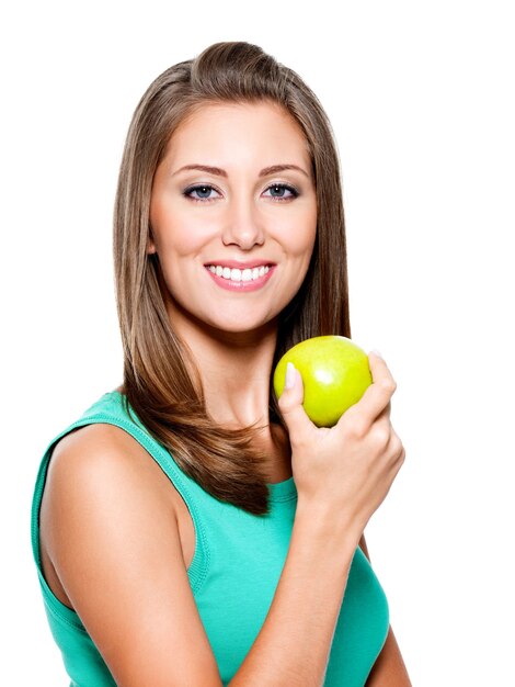 femme souriante, à, pomme verte