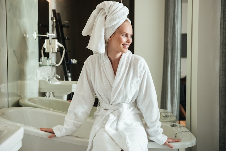 Photo gratuit femme souriante, regarder loin, quoique, séance, dans, salle bains