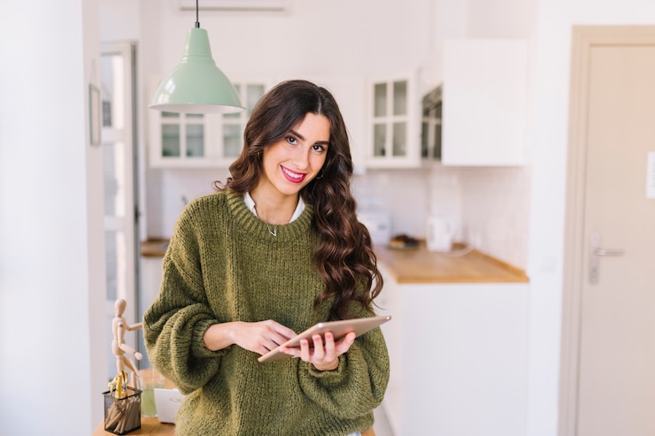 Photo gratuit une femme avec une tablette qui regarde la caméra.